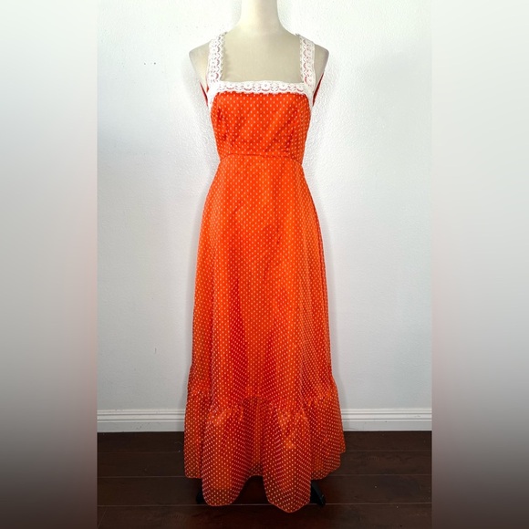 VINTAGE 1970s Lorrie Deb Maxi Dress Orange Prairie Full Gown 70s Calico Hippie - Picture 1 of 12